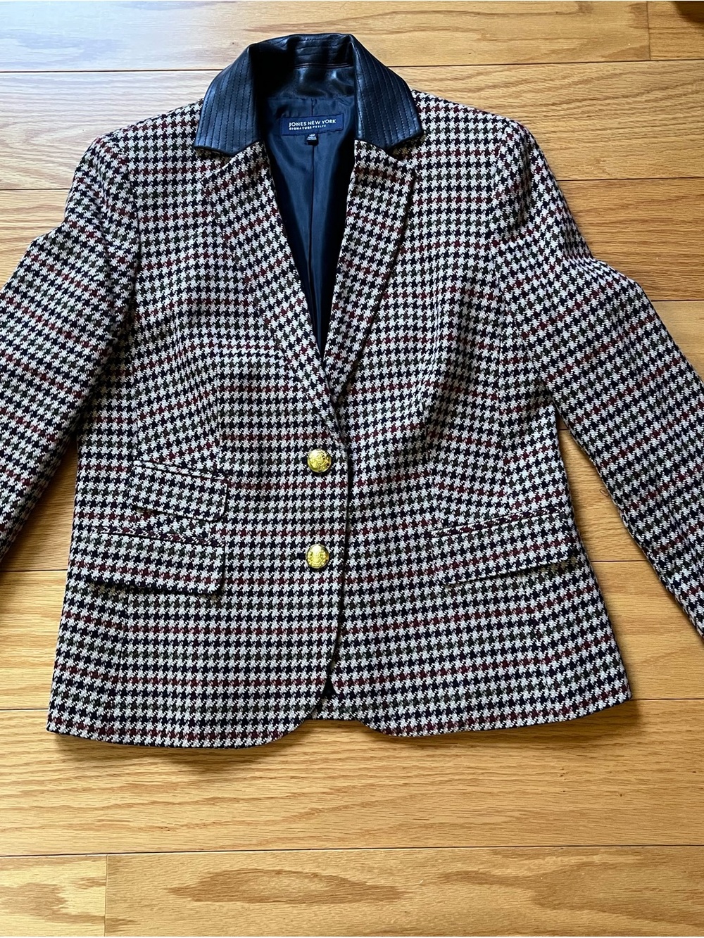 Jones New York Black, White & Burgundy Houndstooth Blazer with Leather Collar